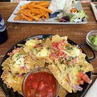 Nachos and Jackfruit Wrap with sweet potato fries  at Cafe Mint in Mallorca