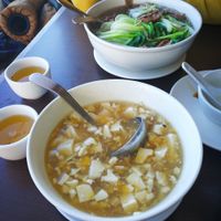 Medium sized Corn soup with mock chicken(turned out to be just tofu)  at Greens Vegetarian Restaurant in Toronto