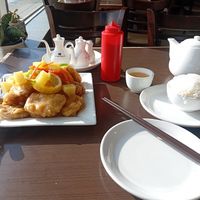 Lemon chicken with steamed rice. at Greens Vegetarian Restaurant in Toronto