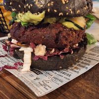 Vegan burger with beetroot-chickpea falafel patty at Agrippina Street Food in Pula