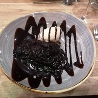 Chocolate fudge cake with salted caramel ice cream & chocolate 
sauce at The Peppermill Bistro in Billingham