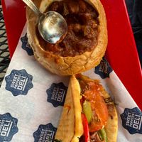 Vegan chili and roasted veggie pita sandwich  at Sweet Peppers Deli in Muscle Shoals