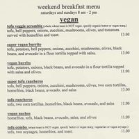Vegan menu  at Interzone in Corvallis