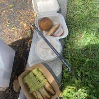 Bottom to top: taquitos, horchata, empanadas, potato ball  at LA2HI Grindz in Honolulu