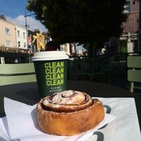 cinnamon roll and tumeric latte at Clean Kitchen Club - Camden in London