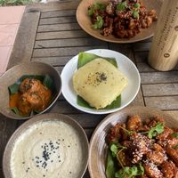Orange chicken, mash potato, cashew gravy, tofu balls   at Peanuts in Hoi An