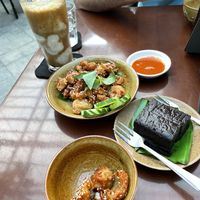 Coconut coffee vegan, orange vegan chicken, vegan brownie   at Peanuts in Hoi An