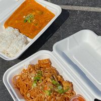Pad Thai Noodles and Yellow Curry with Rice at Také in Ghent