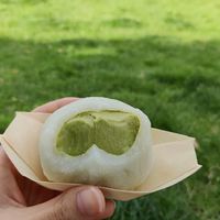 Matcha ice cream mochi on the inside. at Také in Ghent