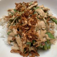 Peanutsauce with green beans and fried onions. Our favorite! at Orburu Taberna in San Sebastian