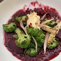 Red beets with broccoli. Also delicious! at Orburu Taberna in San Sebastian
