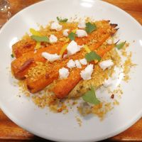 Carrots with vegan feta on a babaganoush at Orburu Taberna in San Sebastian