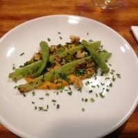 Zucchini and peppers on a mouse of haselnut at Orburu Taberna in San Sebastian