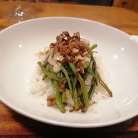 Green beans on rice with a peanut sauce at Orburu Taberna in San Sebastian