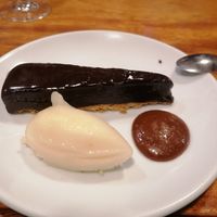 Chocolate - tarte with a pear-sorbet and a sauce of haselnut at Orburu Taberna in San Sebastian
