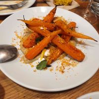 Zanahorias asadas con baba ganoush, migas e hinojo encurtido (versión vegana) at Orburu Taberna in San Sebastian