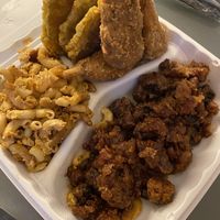 General Tso’s cauliflower, drummies, macaroni, and plantains. at Dodah's Kitchen - Mount Rainier in Mount Rainier
