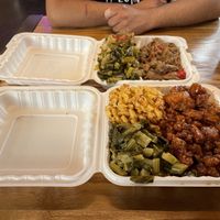 Collard greens, mac n cheese, general tso’s cauliflower, home fries, pepper steak  at Dodah's Kitchen - Mount Rainier in Mount Rainier