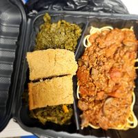 Pecan meat spaghetti with creole greens & spelt bread at Meals that Heal in Jackson