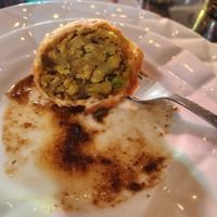 inside of a Samosa with added tamarind sauce at Karma Lounge in Yorba Linda
