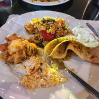 left: Aloo Gobi, top: Briyani, right: Aloo Paratha, bottom: rice at Karma Lounge in Yorba Linda