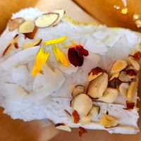 Saffron cake with coconut cream at Shru's Kitchen  in San Mateo