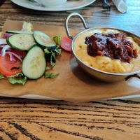 Vegetarian (not vegan!!) mac and cheese with jackfruit topping at The Leaping Salmon in Berwick-upon-tweed