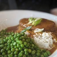 Why so many peas? Overcooked rice, not enough sauce. at The Leaping Salmon in Berwick-upon-tweed