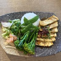 Tofu teriyaki with sticky rice and broccolini.  at Umi in Tenby
