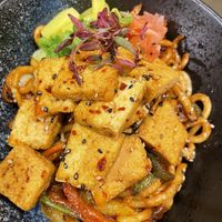 Chilli tofu udon (big portion with loadsss of tofu).  at Umi in Tenby
