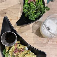 Gyoza with great dipping sauce and big portion of tasty sesame broccoli   at Umi in Tenby