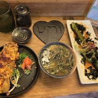 Pumpkin katsu roll, miso, and sunomono (cucumber and seaweed salad)  at Umi in Tenby