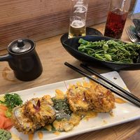  Broccoli and sesame, more pumpkin katsu roll, local beer, and tea  at Umi in Tenby