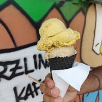 Vanilla and chai ice cream at Vegan Ice Cream & Coffee in Prague