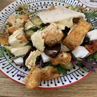 Sorry I had already dived in and mixed things up before I remembered to photograph.  Delicious and very large portion of tofu skewers.  at The Ship Inn in Holt