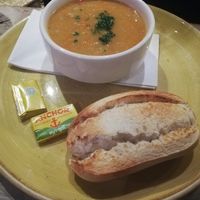 Lentil soup (vegan despite the butter on the side) at The Oak Tree Inn in Balmaha