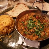 Vegan sweet potato, chickpea, and spinach curry with rice and naan bread at The Oak Tree Inn in Balmaha