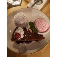 Chocolate & Raspberry Tart With Raspberry Sorbet. at The Oak Tree Inn in Balmaha
