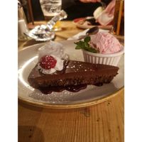 Chocolate & Raspberry Tart With Raspberry Sorbet. at The Oak Tree Inn in Balmaha