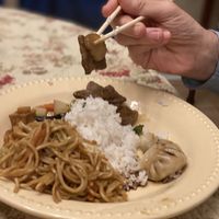 Vegetable chow mein, steamed rice, potsticker and broccoli and “beef"  at Lotus Garden in Eugene