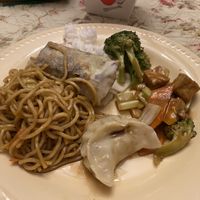 Chow mein, pot sticker, kung pao tofu, mu shu vegetable and steamed rice   at Lotus Garden in Eugene