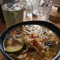 Vegan tofu noodle soup and tea  at Steamy Buddha in Ellsworth