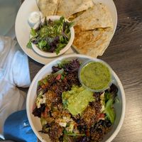 Vegan tofu quesadilla and vegan southwest salad bowl at Kayak Kafe - Broughton in Savannah