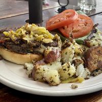 Black Bean Burger and potatoes  at Morning Glory Cafe in Eugene