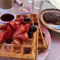 Vegan waffles and “soysages" at Morning Glory Cafe in Eugene