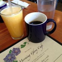 Body-ful mug of coffee and a generous (rated 'small' on menu!) glass of fresh-squeezed OJ at Morning Glory Cafe in Eugene