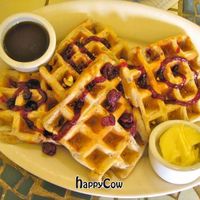 Vegan Cranberry Walnut Waffles with maple syrup and vegan spread at Morning Glory Cafe in Eugene