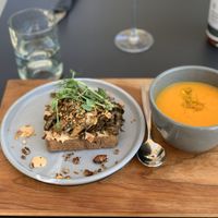 Smorrebeod, Vegan open sandwich and carrot ginger soup at Strøm Spa Nordique in Quebec