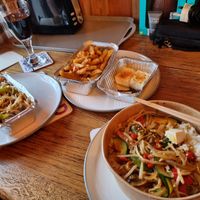Chilli veg k-cup, Fried Vegetable Udon, Shichimi Tofu and salt and pepper chips at Tomita Sushi - Maybe closed in Isle Of Skye