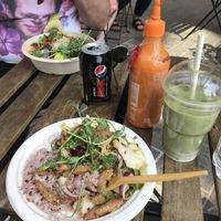 Small Nam tok muu and iced matcha. at Thai Vegan Kitchen in Helsinki